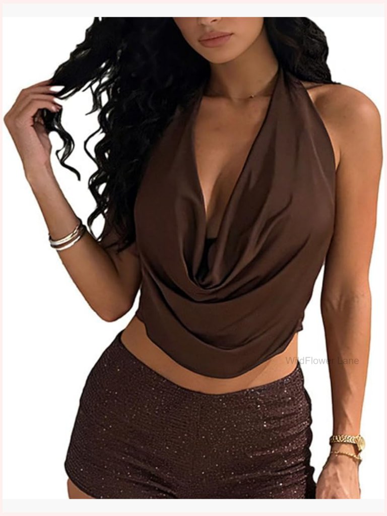 Sexy Halter Draped Front Crop Top Deep V Neck Backless Ruched Cami